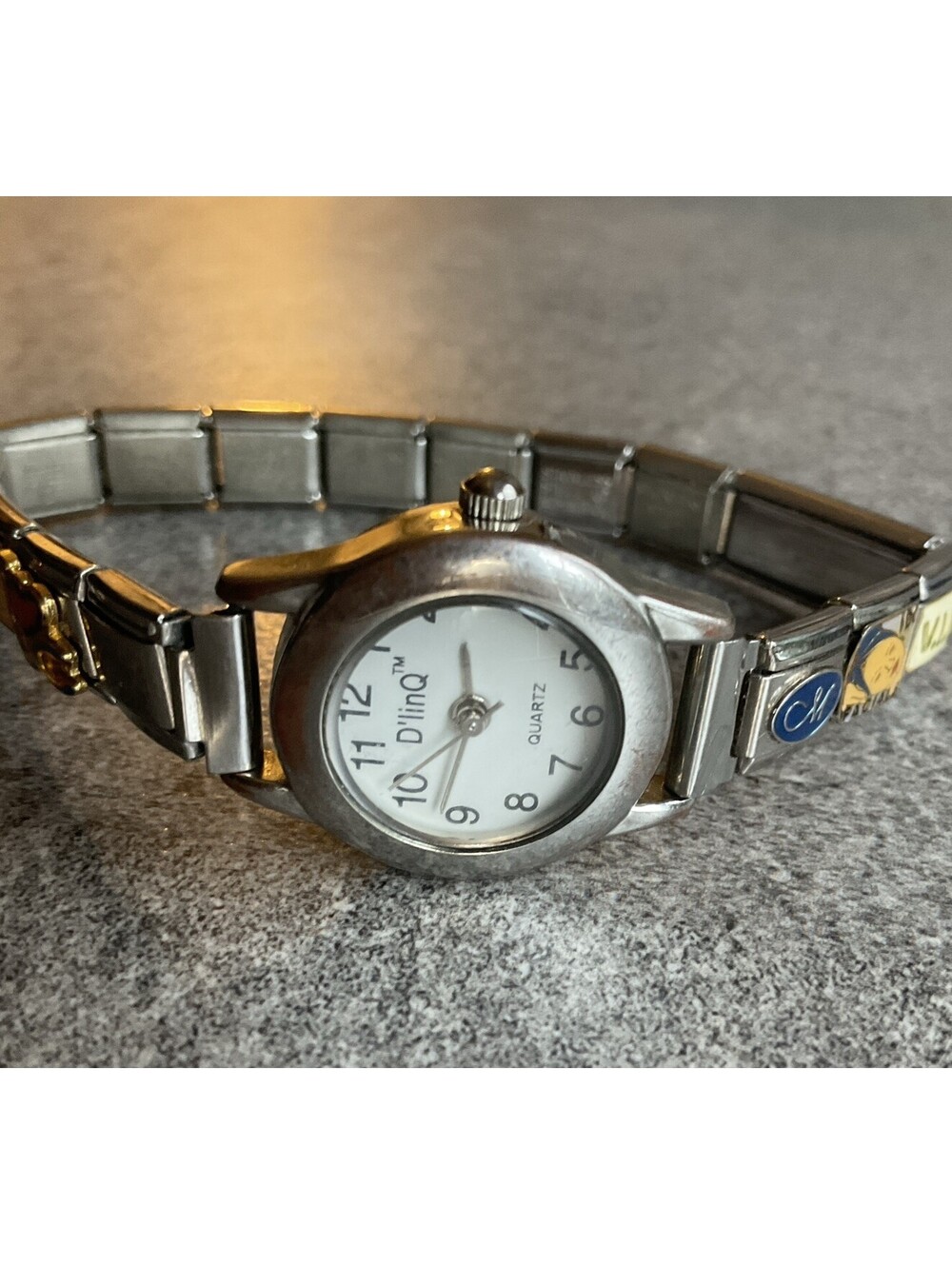 D’linQ Women’s Italian Charm Stretch Bracelet Watch 22mm Silver Tone Case Bin J